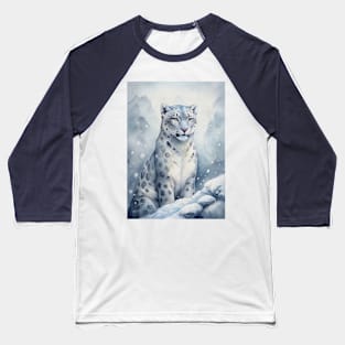 A Proud Snow Leopard Went Hunting, in the Snowy forest, Hight Mountains, Snow Falling, Winter Landscape, Wildlife White Panthera, Watercolor Realistic Illustration, Art, Portrait, Poster, Shirt, Christmas Holiday, Birthday gifts, Hunting lover Baseball T-Shirt